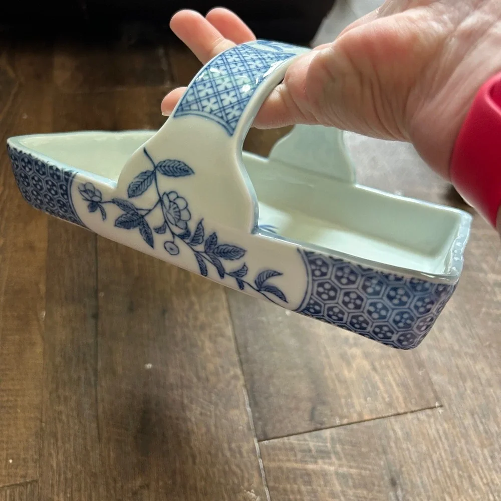 Fitz and Floyd Vintage Porcelain Rectangle White Blue Floral Basket Trinket Dish
